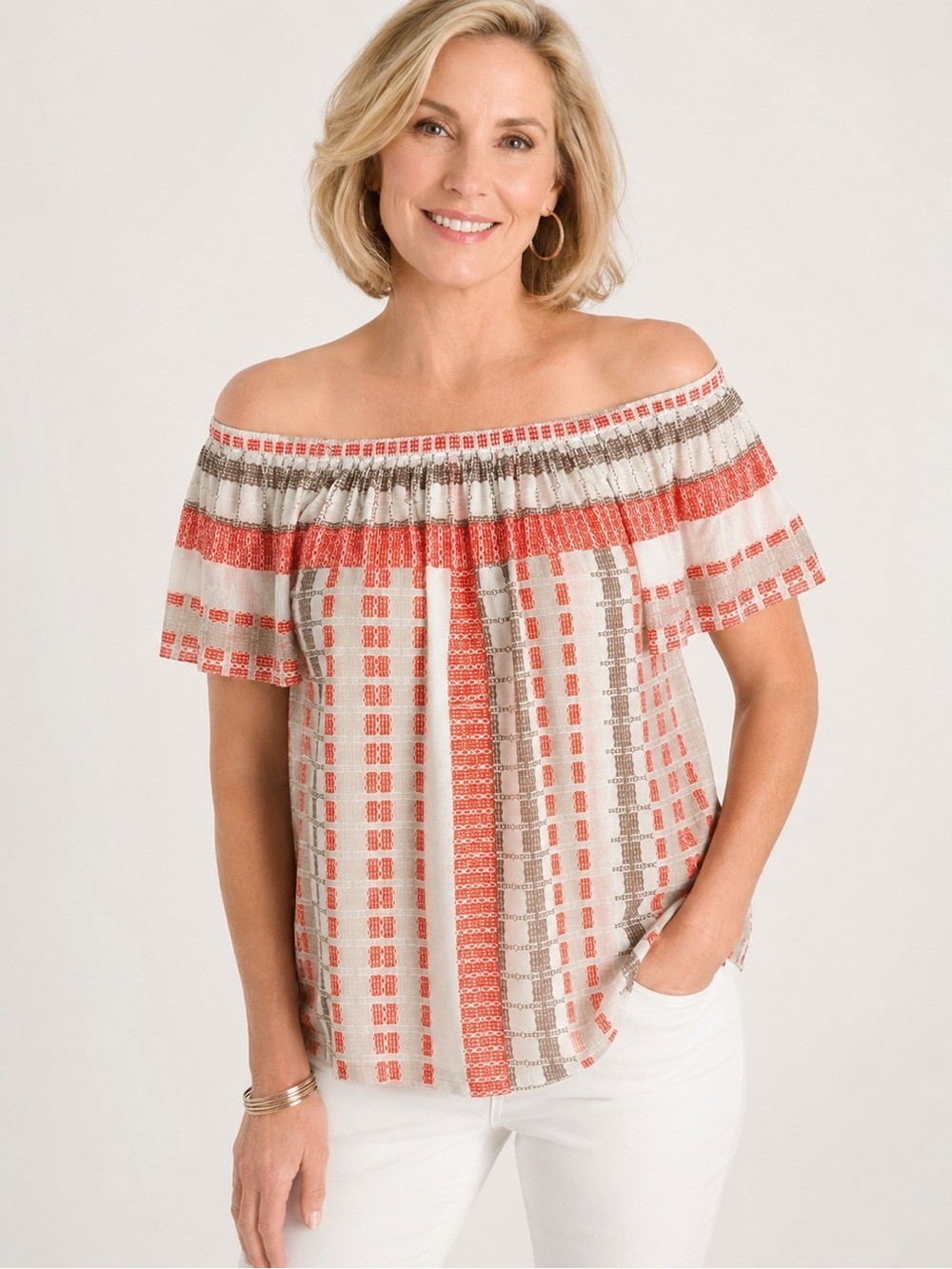 Chico’s Off Shoulder Geometric Boho Top Size 1 NWT Poppyfield Orange